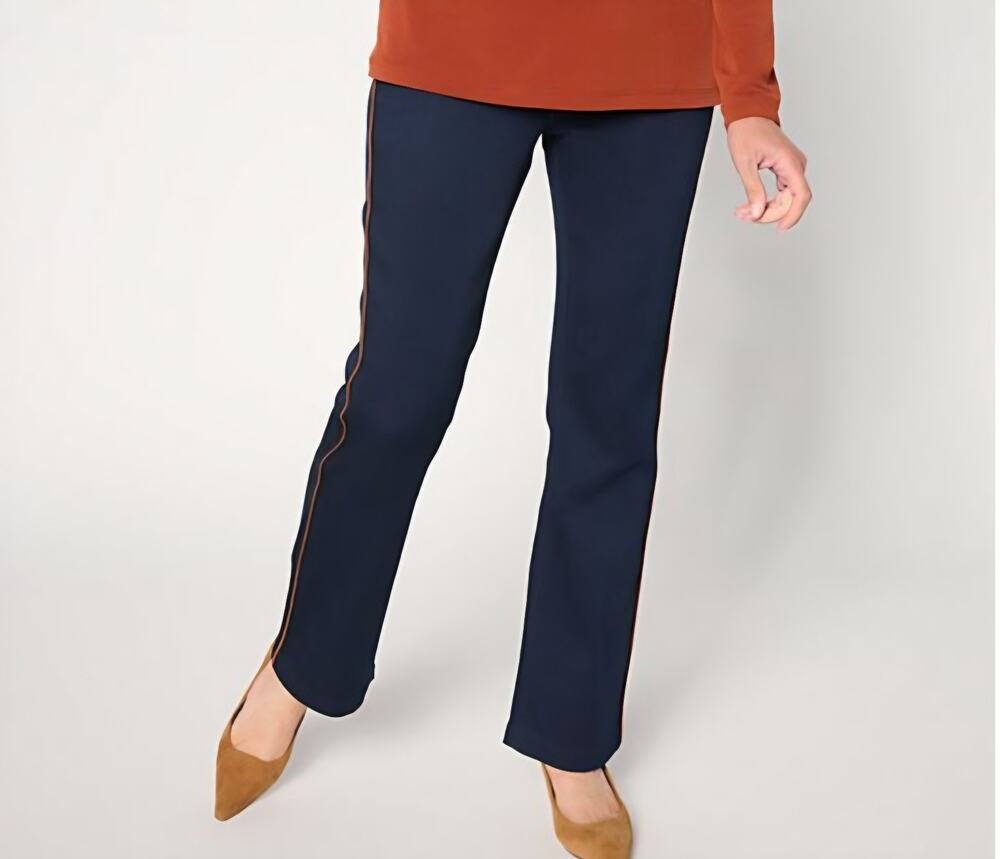 Susan Graver Petite 10 Dark Wash Stretch Slim Flare Jean SeamDetail A706021 EUC